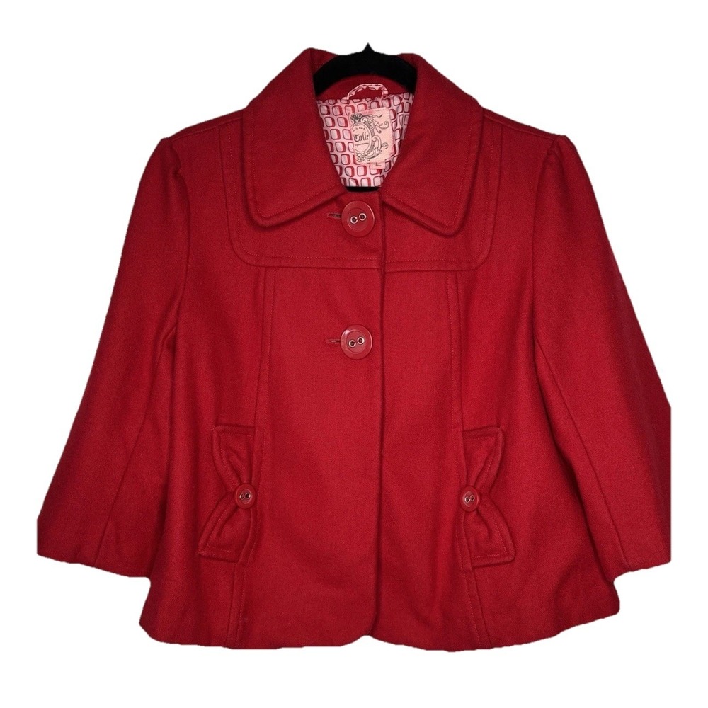 Tulle Coat Jacket Blazer Jrs Large Red Crop Swing 3/4 Sleeve Wool Blend Lined